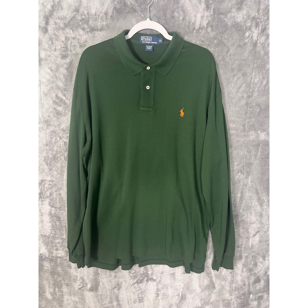 Polo Ralph Lauren Mens XL Green Long Sleeve Polo Shirt Orange Pony Logo Cotton
